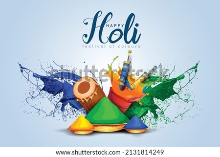 Happy holi festival. colorful pot and powder. vector illustration design. Royalty-Free Stock Photo #2131814249
