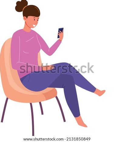 Crossed leg woman sit on chair and scrolling phone screen isolated on white background