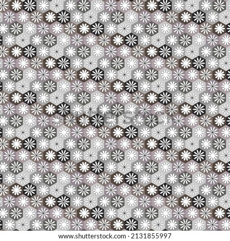 Geometric seamless patterns. Abstract vector design of white flower on gray hexagon for background, greetings card, invitation card, paper packaging, wallpaper, web page, digital design.