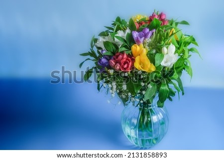 Beautiful bouquet of flowers in a vase. Nice surprise for wife, girlfriend. Anniversary gift. Postcard for March 8

