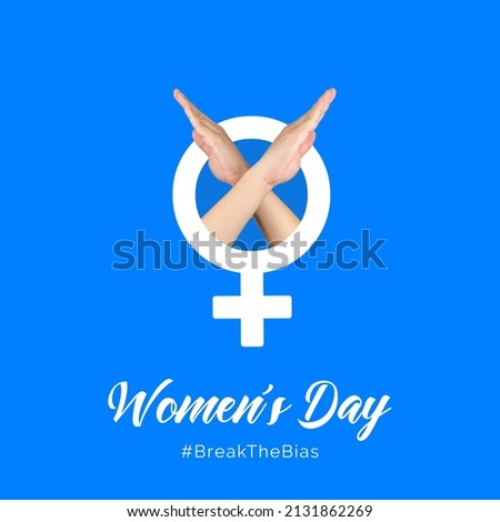International women's day concept poster. Woman sign, female hand, and blue background. 2022 women's day campaign theme- Break The Bias. Royalty-Free Stock Photo #2131862269