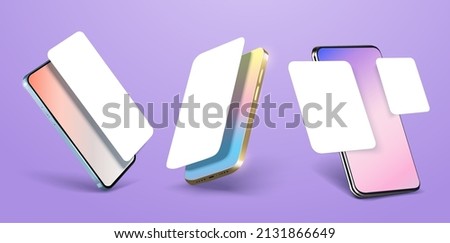 Realistic smartphone mockup. Device UI UX mockup for presentation template.  Smartphones in different view angles, frameless blank mobile phone. Phone multiscreen gravity mockup. Vector illustration