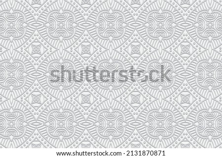 Embossed ethnic stylish white background, exclusive cover design. Geometric ornamental 3D pattern. National elements of creativity of the peoples of the East, Asia, India, Mexico, Aztecs.