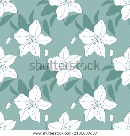 White Lily pattern on a blue background. Hand-drawn flowers for wedding, wrapping paper and textiles.