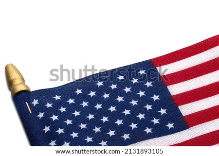 American Flag on white. 4th of July Independence, Memorial or Presidents Day. US starry striped patriotic symbol. United States Holidays. High quality macro photo. Isolated background. Copy space.