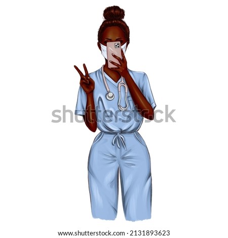Nurse selfie illustration set. Doctor clip art set on white background. Portraits of black and white female medic workers in uniform with stethoscopes and masks. From health care workers with love.  