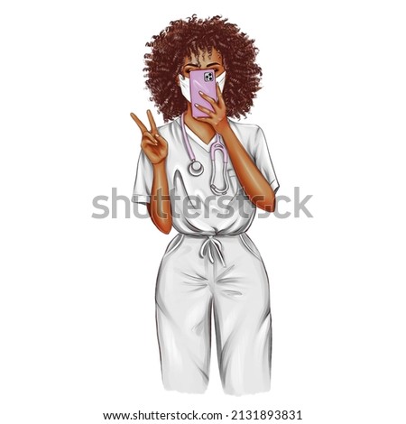 Nurse selfie illustration set. Doctor clip art set on white background. Portraits of black and white female medic workers in uniform with stethoscopes and masks. From health care workers with love.  