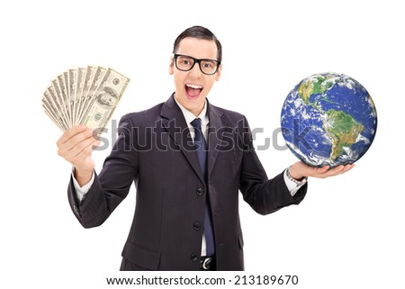 Successful businessman holding the planet earth isolated on white background, Elements of this image furnished by NASA