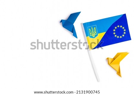 European Union flag with Ukrainian flag connection of Ukraine and the European Union isolated on white background. doves as a symbol of peace, the flag of Ukraine in blue and yellow. Patriotism 