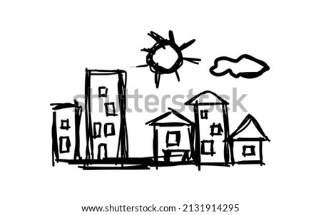 home drawing marker. city - hand drawing child. cityscape urban - child art. houses, sun and sky - clip art. peace