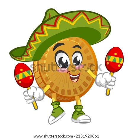 Vector mascot, cartoon and illustration of a coin wearing sombrero with playing maracas