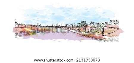 Building view with landmark of Mobile is the 
city in Alabama. Watercolor splash with hand drawn sketch illustration  in vector.