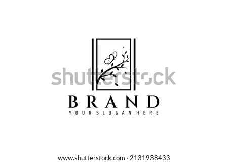 Logo design a simple image of an open window with a view of tree branches and a beautiful butterfly in line art style.