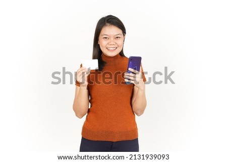 Holding Smartphone and Blank Bank Card or Credit Card Of Beautiful Asian Woman Isolated On White Background