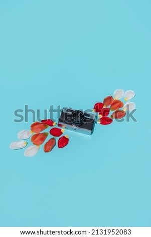 A vintage film SLR camera is adorned by flower petals on opposite sides to create an abstract stock photo for multiple uses.