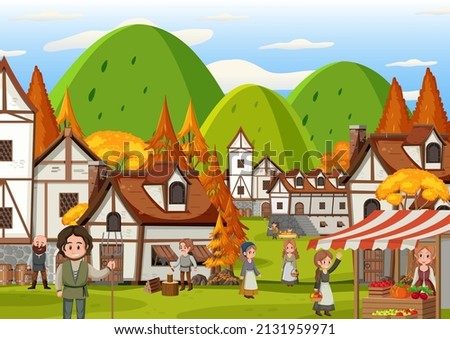 Ancient medieval village scene with villagers illustration