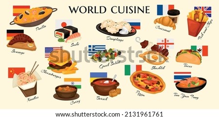 Cuisines world set with isolated icons of gourmet dishes with ornate text captions and national flags vector illustration Royalty-Free Stock Photo #2131961761