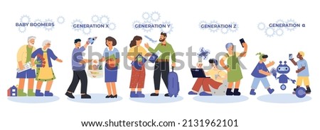 Generation composition with set of isolated human characters belonging to baby boomers x y and z vector illustration Royalty-Free Stock Photo #2131962101