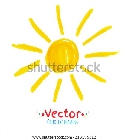 Childlike drawing of sun. Vector illustration. Isolated. Royalty-Free Stock Photo #213196312