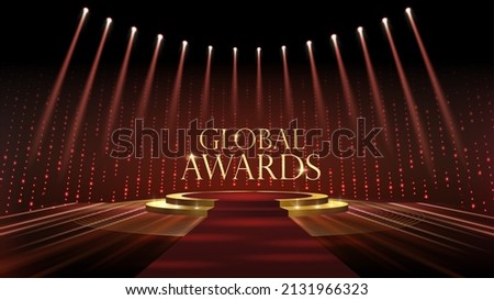 Red Carpet Platform Steps Golden Stage Spotlights Royal Awards Graphics Background. Lights Elegant Shine Modern Template. Dotted Luxury Premium Corporate Template. Classy Abstract trophy banner. Royalty-Free Stock Photo #2131966323