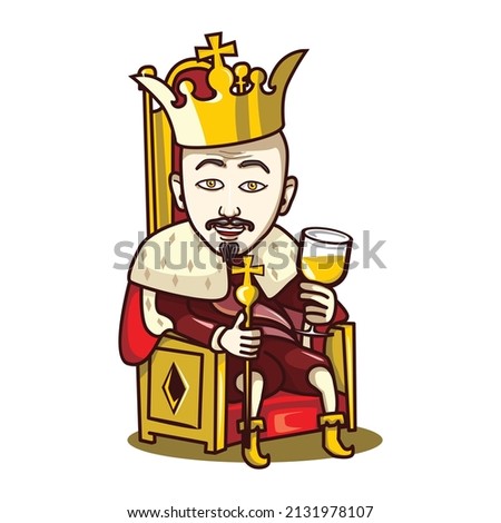 Vector character vector king carrying a glass and sitting on the throne