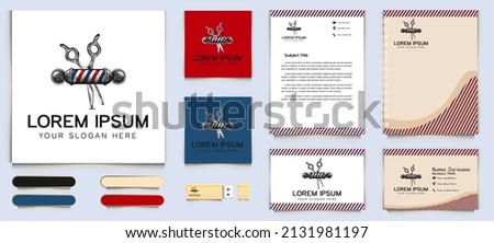 Scissor and Barber pole, Hand drawn barber shop Logo and business card branding template Designs Inspiration Isolated on White Background