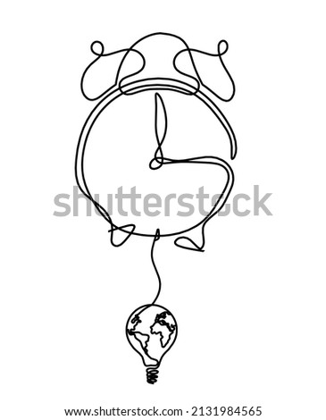 Abstract clock with globe light bulb as line drawing on white background. Vector