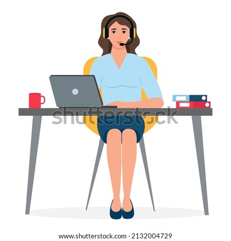 Support service. Customer service operator. Woman with headphones and microphone with laptop. Call center online assistant.  Vector illustration.