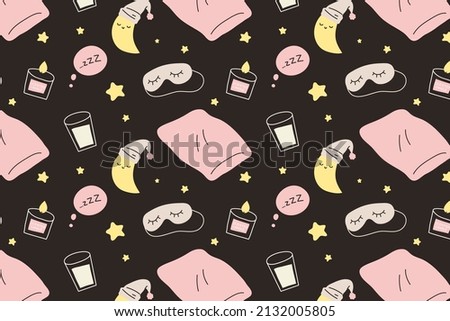 Pattern of sleeping items on dark background. Concept of good night, cozy sleeping, bedtime. Pattern for print, wrapping paper, decoration, wallpaper, textile. Flat vector illustration.