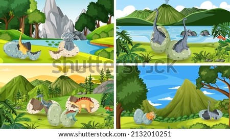 Scene with dinosaurs in the forest illustration