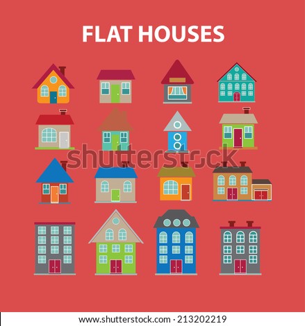 flat houses isolated icons, signs, symbols, illustrations, silhouettes, vectors set