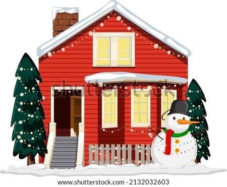 Christmas decorated house with a snowman illustration