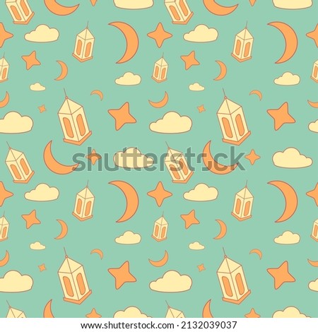 Pattern illustration vector graphic of ramadan vibes with lantern, moon, cloud, and star. Perfect for ramadan greeting background, or or for printed fabric
