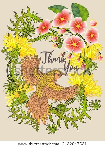 Card with dandelions and bird. Spring ornament concept. Floral poster, invite. Vector layout decorative greeting card or invitation design background. Romantic design.