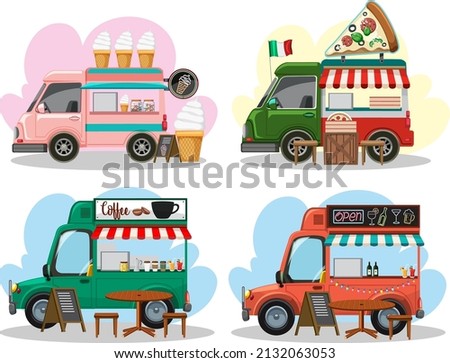 Flea market concept with set of different food trucks illustration