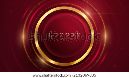 Golden circle on red luxury background with glitter light element and bokeh effect decoration.