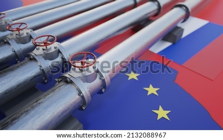 Pipes of gas or oil from Russia to European Union. Sanctions concept. 3D rendered illustration. Royalty-Free Stock Photo #2132088967