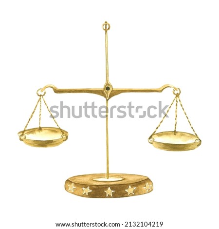 Watercolor antique golden scales object isolated on white background. Hand painted vintage tool for apothecary, pharmacy, kitchen. Traditional weight measure equipment clip art element.