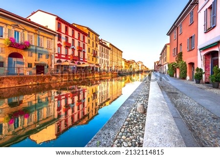 Milan, Italy. Bridge across the Naviglio Grande canal at the sunrise Milano, Lombardy. Royalty-Free Stock Photo #2132114815