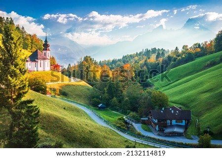 Berchtesgaden, Germany. Autumn landscape with famous Maria Gern church and Watzmann Mountain, Bavarian landscape. Royalty-Free Stock Photo #2132114819