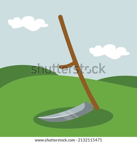 scythe on the grass or meadow, simple color icon, vector illustration