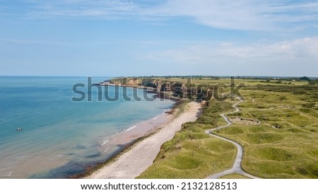 Aerial photo by drone of the landing beaches in Normandy, Pointe du Hoc site, Cricqueville-en-Bessin, France Royalty-Free Stock Photo #2132128513