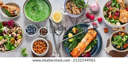 Healthy food assortment on light background. Dieting concept. Flat lay, top view Royalty-Free Stock Photo #2132144965