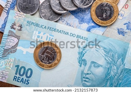 Brazilian money banknote and coins, economic market symbol, finance