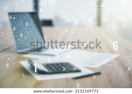 Abstract virtual coding illustration and world map on blurry calculator and computer background, international software development concept. Multiexposure