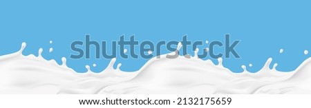 Milk splash seamless pattern isolated on blue background. 3d realistic yogurt wave border. Vector milky package design Royalty-Free Stock Photo #2132175659