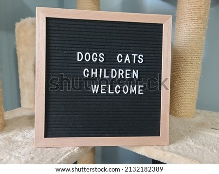 A sign saying dogs cats children welcome. The felt sign has removable letters than can be moved around to make whatever words or saying one wants.