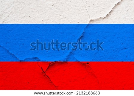 Russian flag on concrete texture background with cracks