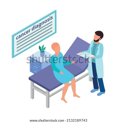 Cancer control isometric composition with characters of patient and doctor in hospital ward vector illustration