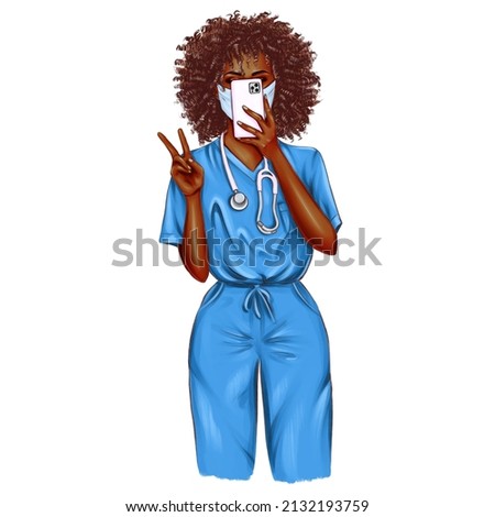 Nurse selfie illustration set. Doctor clip art set on white background. Portraits of black female medic workers in uniform with stethoscopes and masks. From health care workers with love.  
